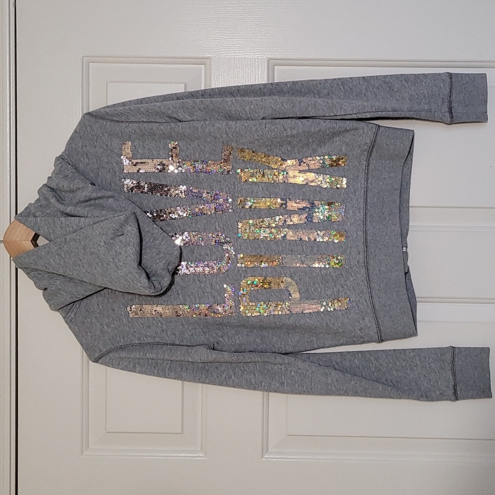Victoria's Secret Pink Gray Silver Ombre Glam Sequin Logo Full Zip Sweater